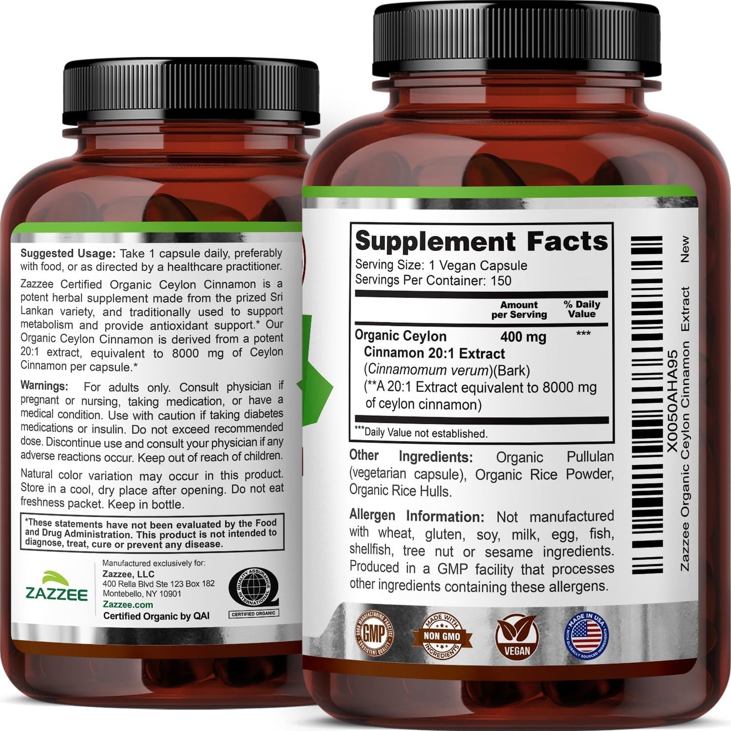 Zazzee USDA Organic Ceylon Cinnamon 20:1 Extract, 150 Capsules, Sri Lankan | Vegan, 5 Month Supply, Cinnamomum Verum, Antioxidant & Metabolic Support, All-Natural, Non-GMO, Made in the USA Gsupps Australia