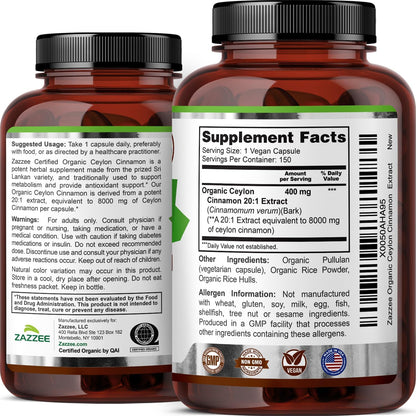 Zazzee USDA Organic Ceylon Cinnamon 20:1 Extract, 150 Capsules, Sri Lankan | Vegan, 5 Month Supply, Cinnamomum Verum, Antioxidant & Metabolic Support, All-Natural, Non-GMO, Made in the USA Gsupps Australia