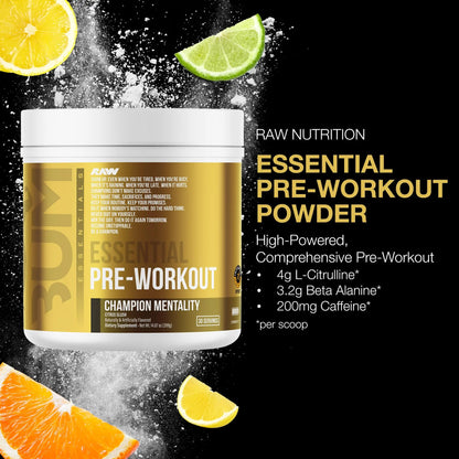 RAW Essential Pre-Workout Powder (Champion Mentality) - Chris Bumstead Sports Nutrition Supplement for Men & Women - Preworkout Energy Powder with Caffein RAW