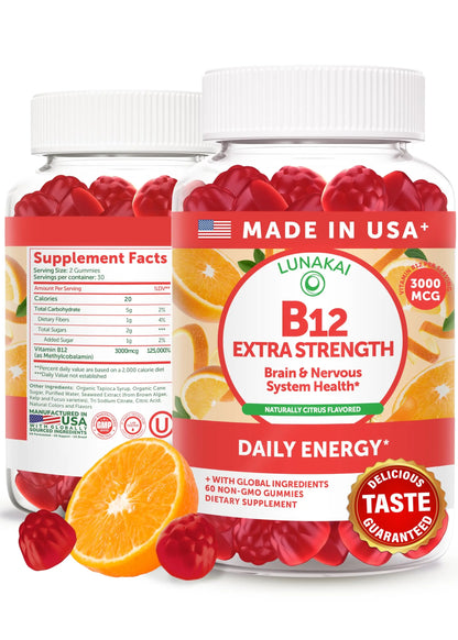 Lunakai USA Made Vitamin B12 Gummies 3000mcg, B12 Vitamins for Energy, Brain & Metabolism Support, Methylcobalamin for Adults, Women & Men, Lunakai