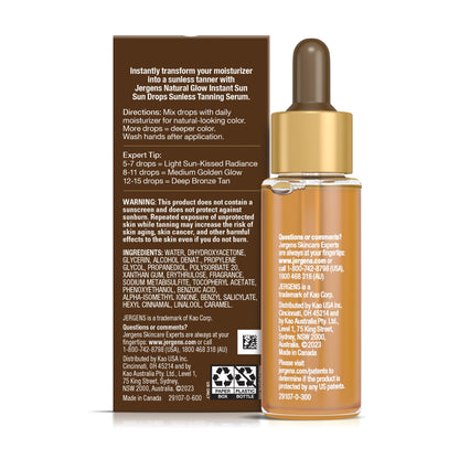Jergens Natural Glow Instant Sun Drops, Sunless Tanning for Face and Body, Instant Sun Bronzing Drops, Oil Free, 1 Fl Oz Jergens