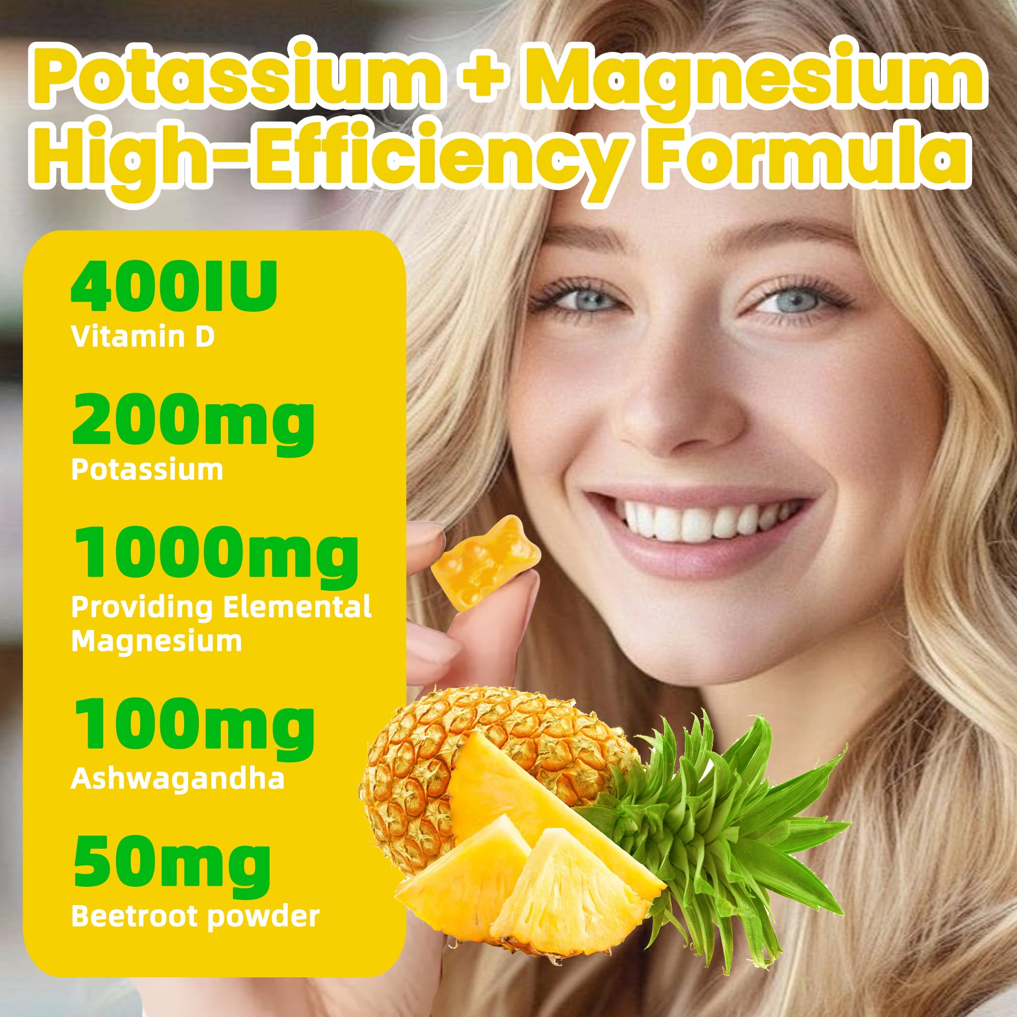 Potassium Magnesium Gummies,High Absorption Magnesium Glycinate,B6,D3,Potassium Citrate for Leg Cramps,Muscle,Electroyte for Adults Kids,Sugar-Free, 60 Gummies (Pineapple) Wekannufod buy australia supplements