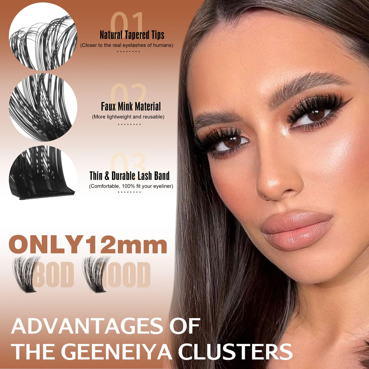Geeneiya 12MM Volume Lash Clusters D Curl Cluster Eyelash Extensions Thick Cluster Lashes Only 12MM 80D+100D DIY Lash Extension Waterproof Geeneiya