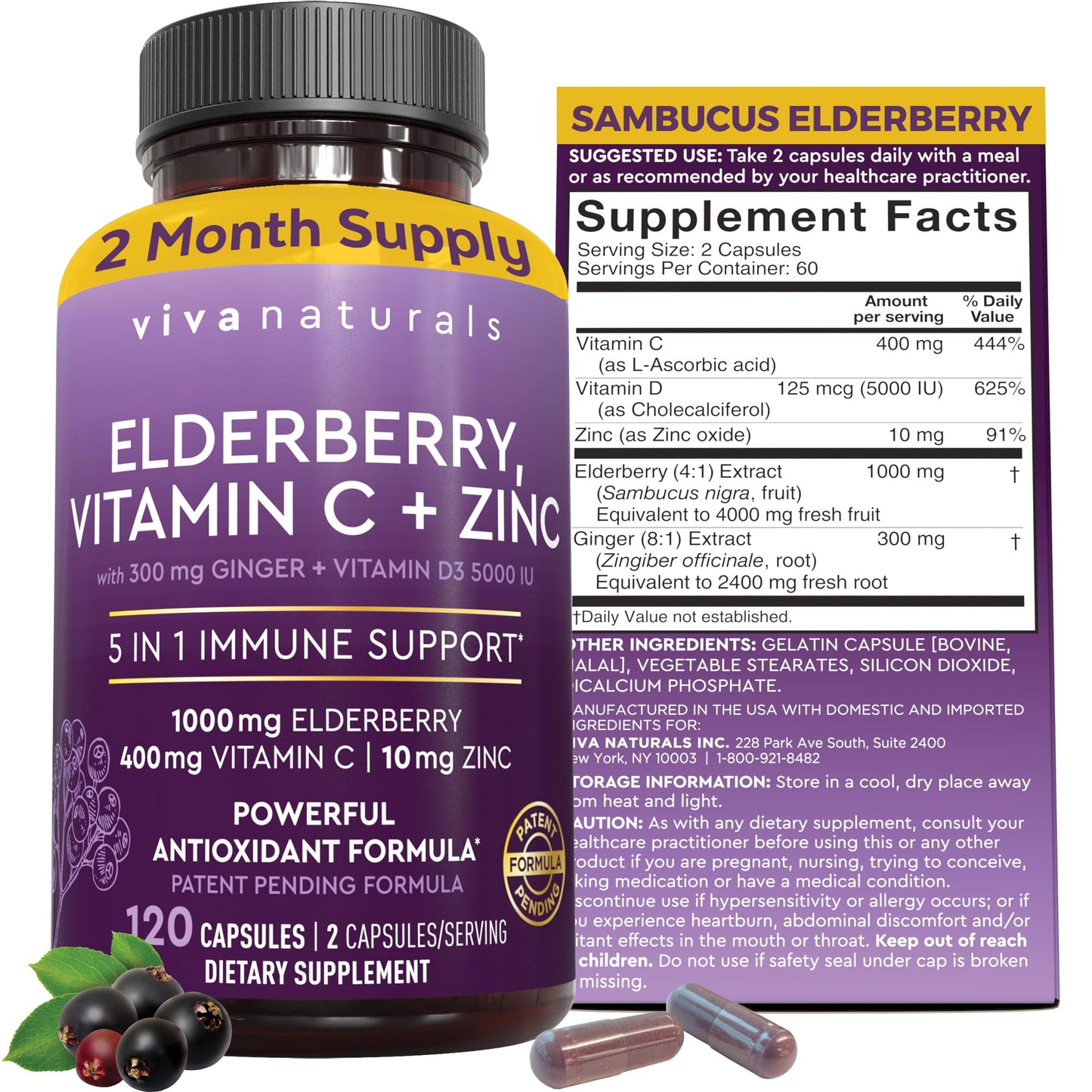Viva Naturals Elderberry with Vitamin C and Zinc for Adults - 5 in 1 Sambucus Black Elderberry Capsules with Vitamin D3 5000 IU Immunity Supplement Viva Naturals