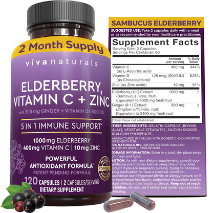 Viva Naturals Elderberry with Vitamin C and Zinc for Adults - 5 in 1 Sambucus Black Elderberry Capsules with Vitamin D3 5000 IU Immunity Supplement Viva Naturals