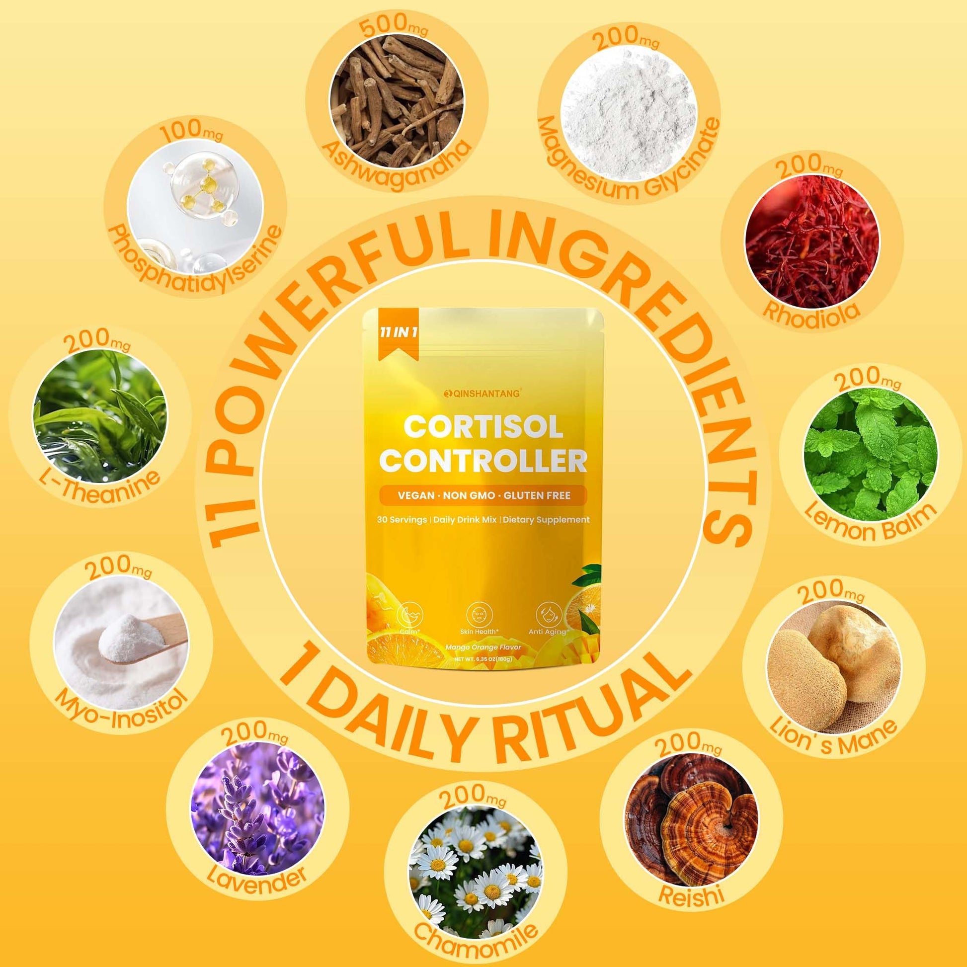Cortisol Drink Powder, Cortisol Supplements for Women | Magnesium Glycinate, Ashwagandha, L-Theanine & Lion’s Mane | Relaxation, Focus & Stress Balance | Mango Orange Flavor | 30 Servings QIN SHAN TANG buy australia supplements