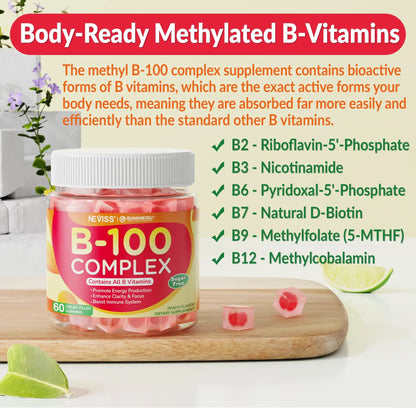 Super Vitamin B Complex Gummies - Methylated B Complex for Women & Men, All B Vitamins, Methyl B12, Methylfolate, Vitamin C, Choline, Inositol, PABA for Energy NEVISS