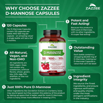Zazzee D-Mannose, 1000 mg per Serving, 180 Vegan Capsules, 3 Month Supply | Potent & Fast-Acting, Certified Kosher, 100% Pure, All-Natural Urinary Tract Health Support, 100% Vegetarian, Non-GMO Gsupps Australia