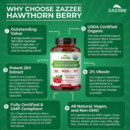 Zazzee USDA Organic Hawthorn Berry 20:1 Extract, 2% Vitexin, 150 Capsules | 5 Month Supply, Vegan, Crataegus Pinnatifida, Antioxidant & Circulation Support, Herbal Supplement, Non-GMO, Made in the USA Gsupps Australia