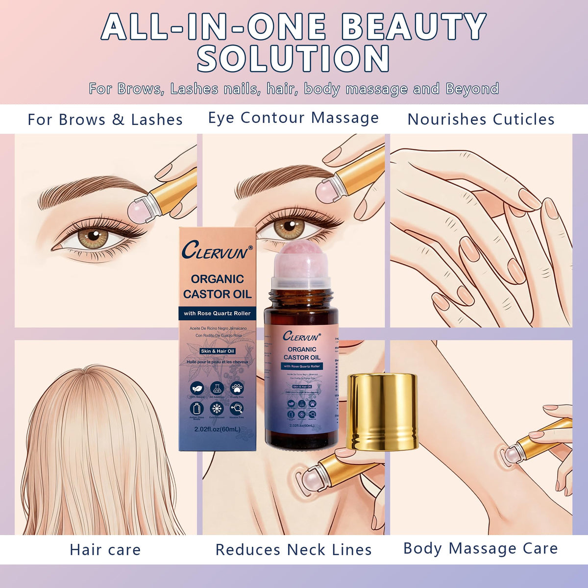 CLERVUN Organic Castor Oil Roll On with Rose Quartz Roller 2.02fl.oz CLERVUN