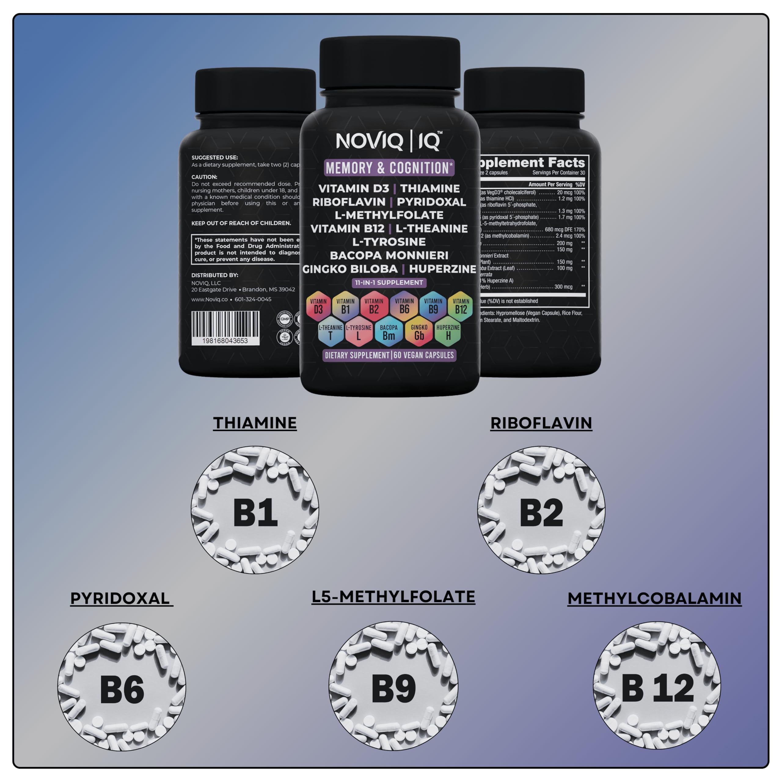 11-in-1 Nootropic Supplement: Supports Memory & Cognition - 100mg Ginkgo 150mg Bacopa 300mcg Huperzine 200mg L-Theanine 150mg L-Tyrosine & Bioactive B-Complex w/ 5-MTHF - 1,100mg+ Serving - 60 Count NOVIQ buy australia supplements