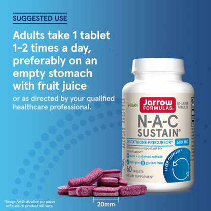 Jarrow Formulas N-A-C Sustain 600 mg, Dietary Supplement, NAC 600 mg, an Antioxidant Amino Acid Support Jarrow Formulas