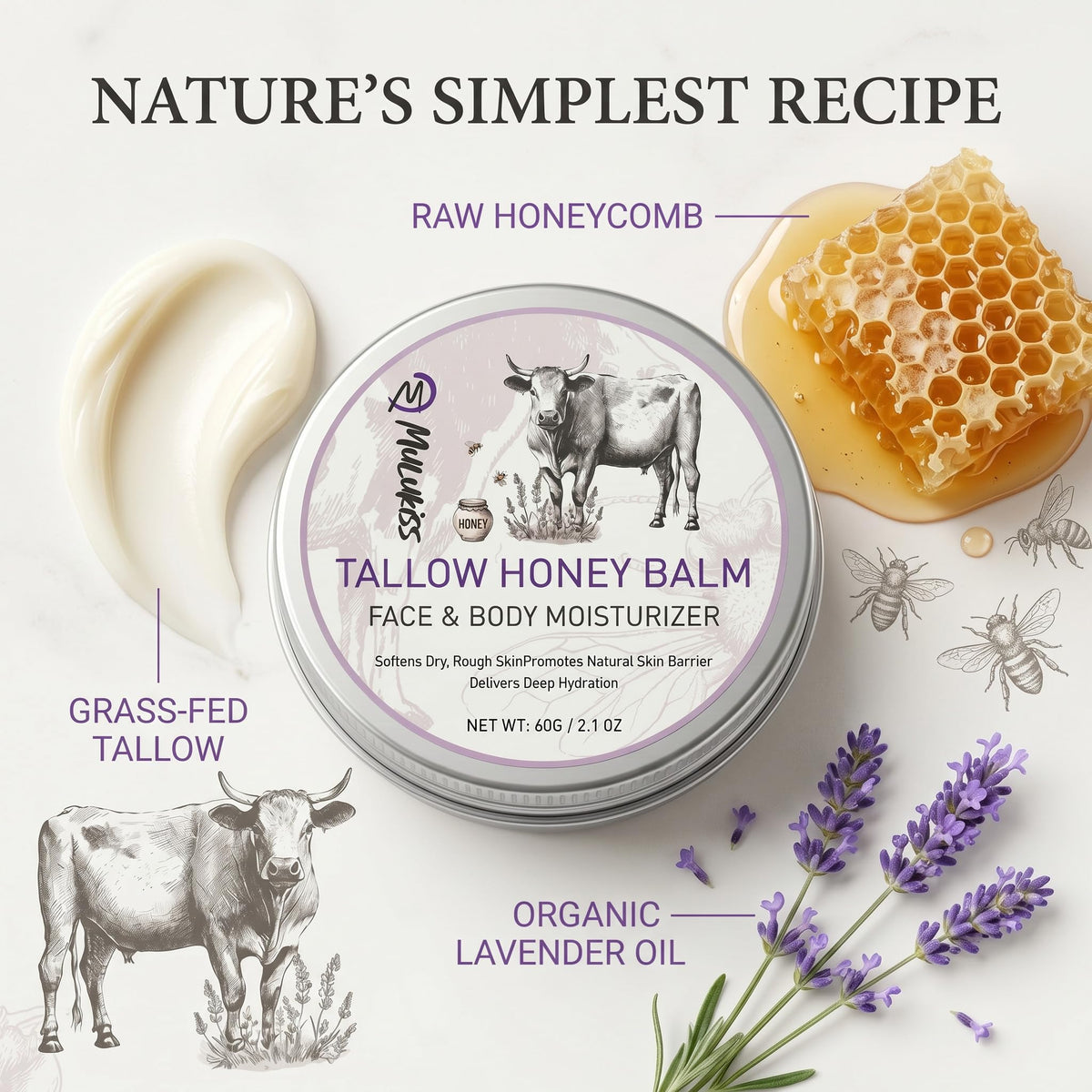 Beef Tallow for Skin – 2Pcs Beef Tallow for Face Cream, Grass-Fed Tallow and Raw Honey Balm with Lavender Essential Oil, Whipped Natural Tallow Face Moisturizer Makeup Cleansing Milk for Dry Home&Away Mulukiss