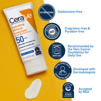 CeraVe 100% Mineral Sunscreen SPF 50, Face sunscreen With Zinc Oxide & Titanium Dioxid CeraVe