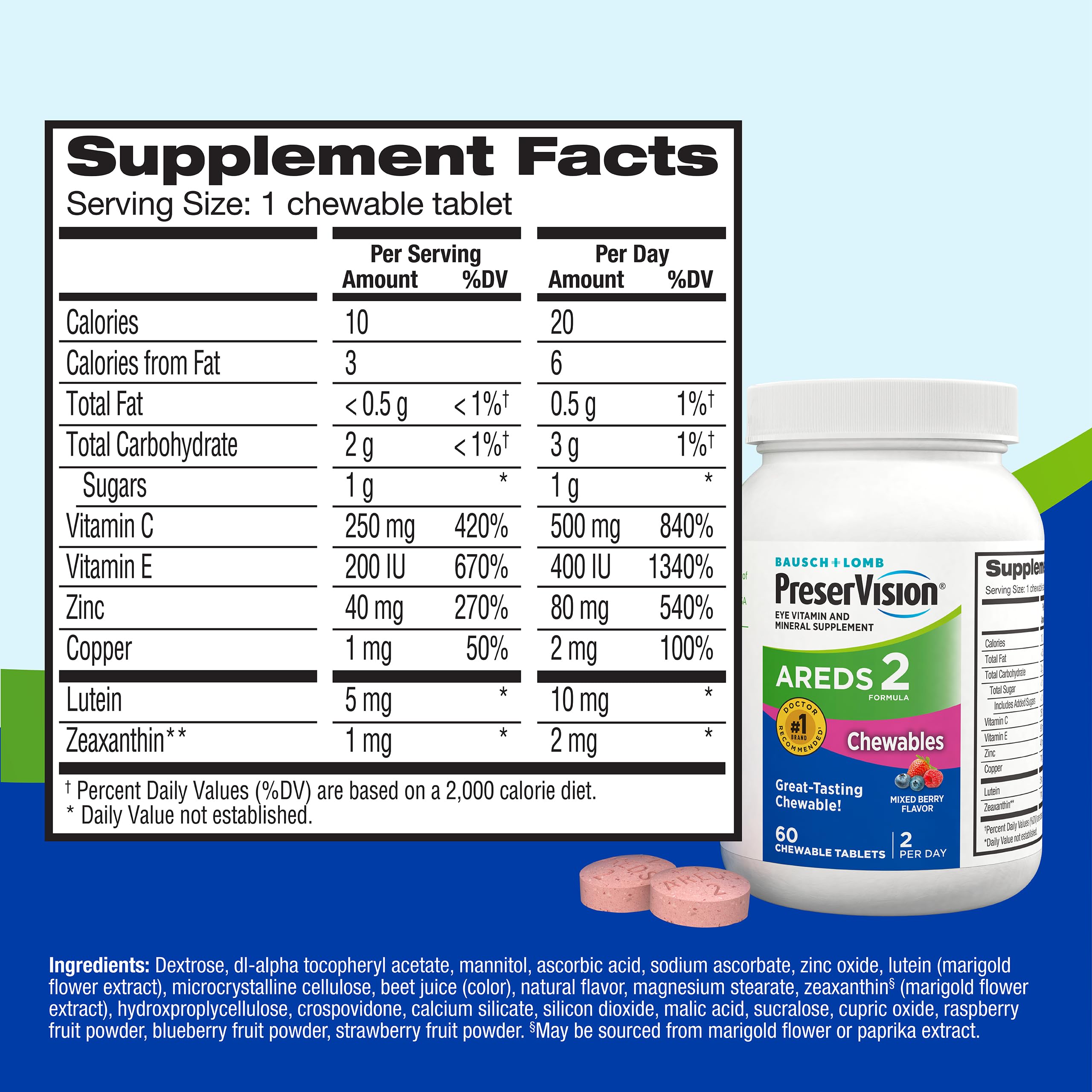 PreserVision AREDS 2 Eye Vitamins, #1 Eye Doctor Recommended Brand, Chewable Lutein and Zeaxanthin Supplement with Vitamin C, Vitamin E,Zinc, and Copper, Mixed Berry, 70 Tablets PreserVision buy australia supplements