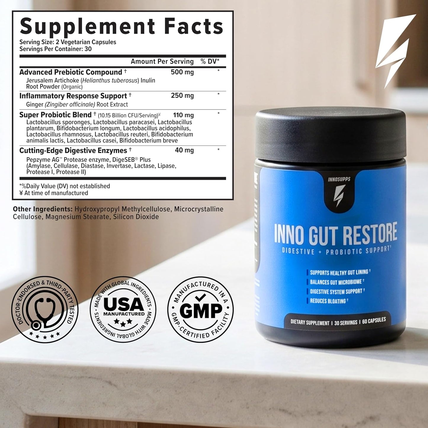 Inno Gut Restore Probiotic Prebiotic & Digestive Enzymes for Gut Health for Women & Men - Supports Digestive Health with Enzymes for Digestion & Pre + Probiotic Blend (30 Servings, 60 Capsules)