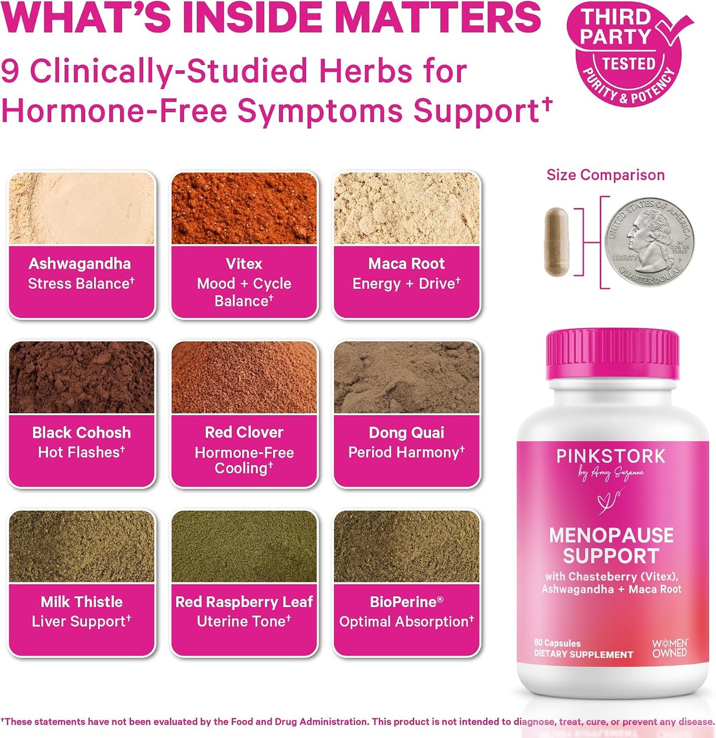 Pink Stork Menopause Support for Women, 60 Capsules | Hot Flash, Mood, Sleep, Weight, Cortisol & Hormonal Balance, Vegan, Estrogen-Free Perimenopause Support, Ashwagandha + Maca