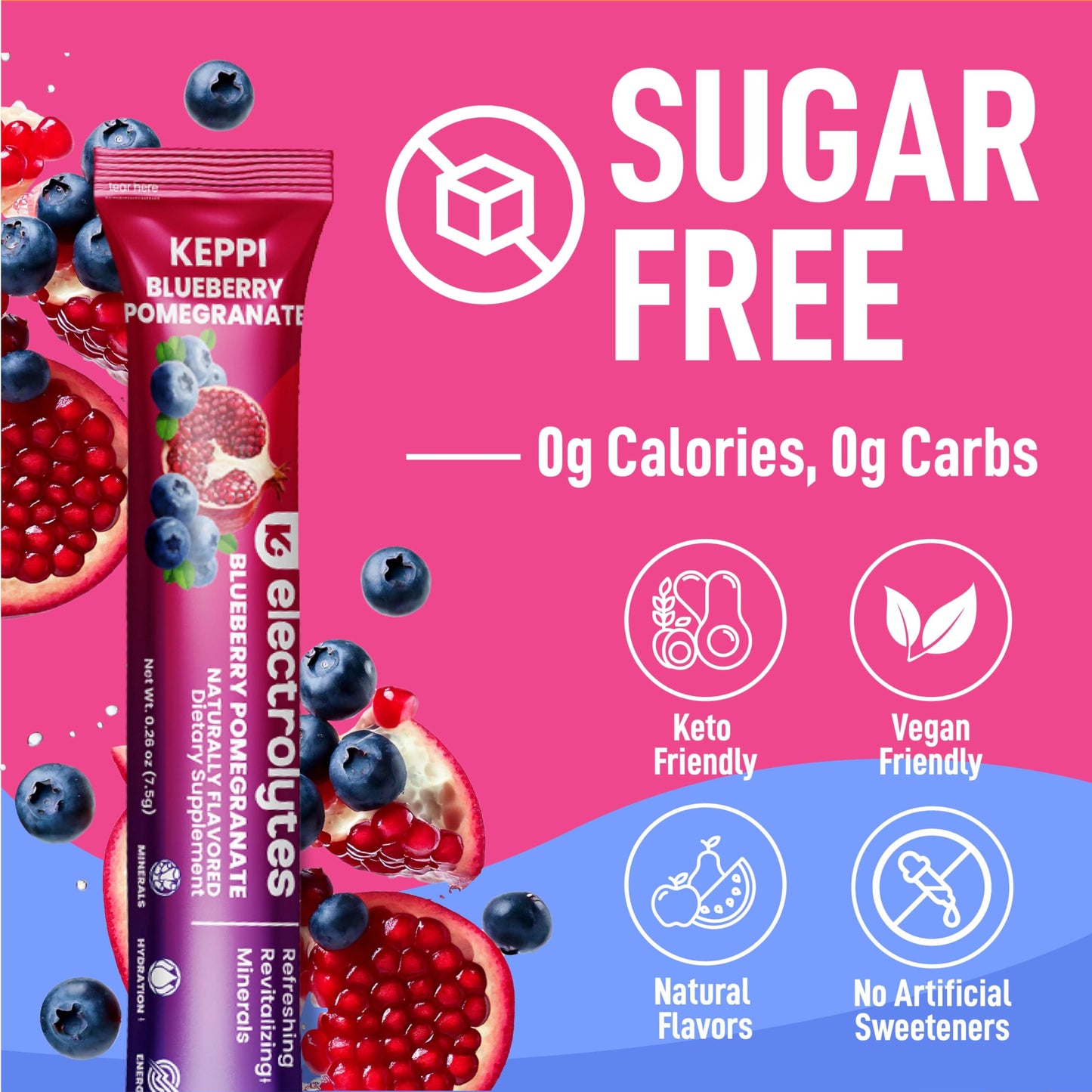 Keppi Electrolytes Powder Packets – Blueberry Pomegranate 30 Servings – No Sugar Hydration Supplement with Potassium, Magnesium, Sodium – Keto, Vegan Keppi