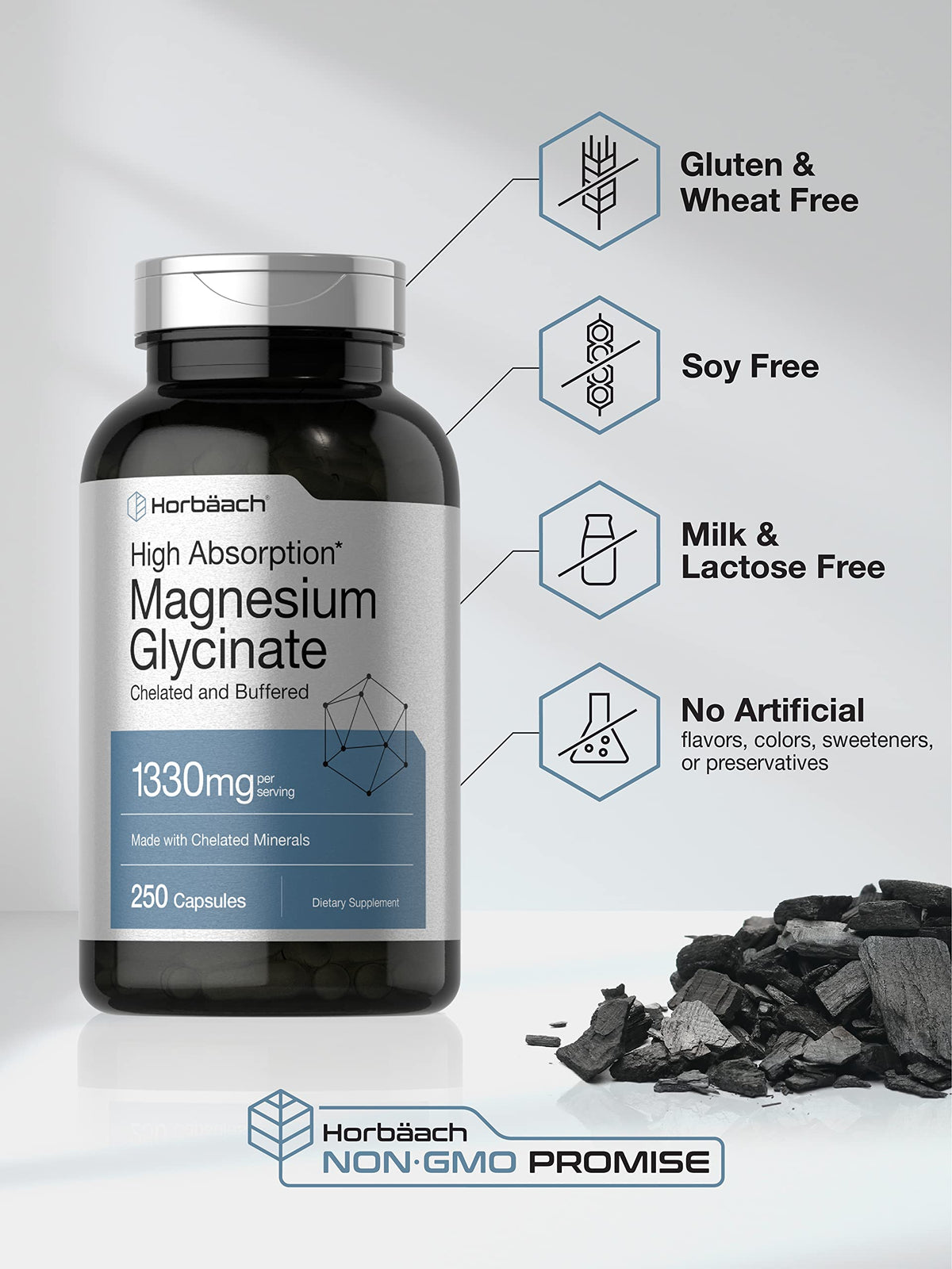 Horbaach Magnesium Glycinate 1330mg | 250 Capsules | Buffered with Chelated Minerals | 240 mg per Serving | Non-GMO, Gluten Free Supplement Horbäach