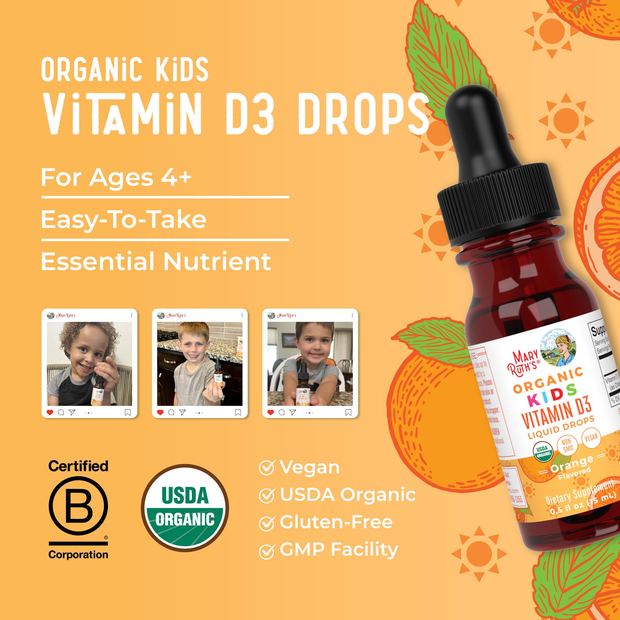MaryRuth Organics USDA Organic Vitamin D3 Liquid Drops for Kids | 640 IU Vitamin D3 Per Serving | Kids Immune Support & Bone Health Supplement | Formulated for Ages 4-13 | 0.5oz | 30 Servings MARYRUTH'S buy australia supplements