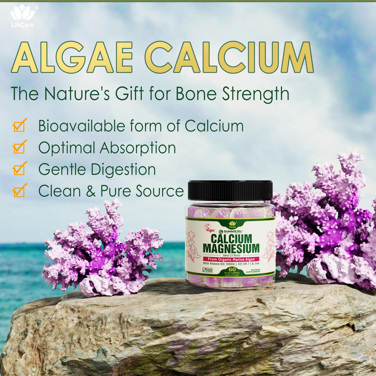 Plant Based Calcium Gummies 600mg with Vitamin D3 K2, Magnesium, Zinc for Bone Strength, Sugar Free Calcium Supplements for Women & Men (Certified Vegan) LILICARE