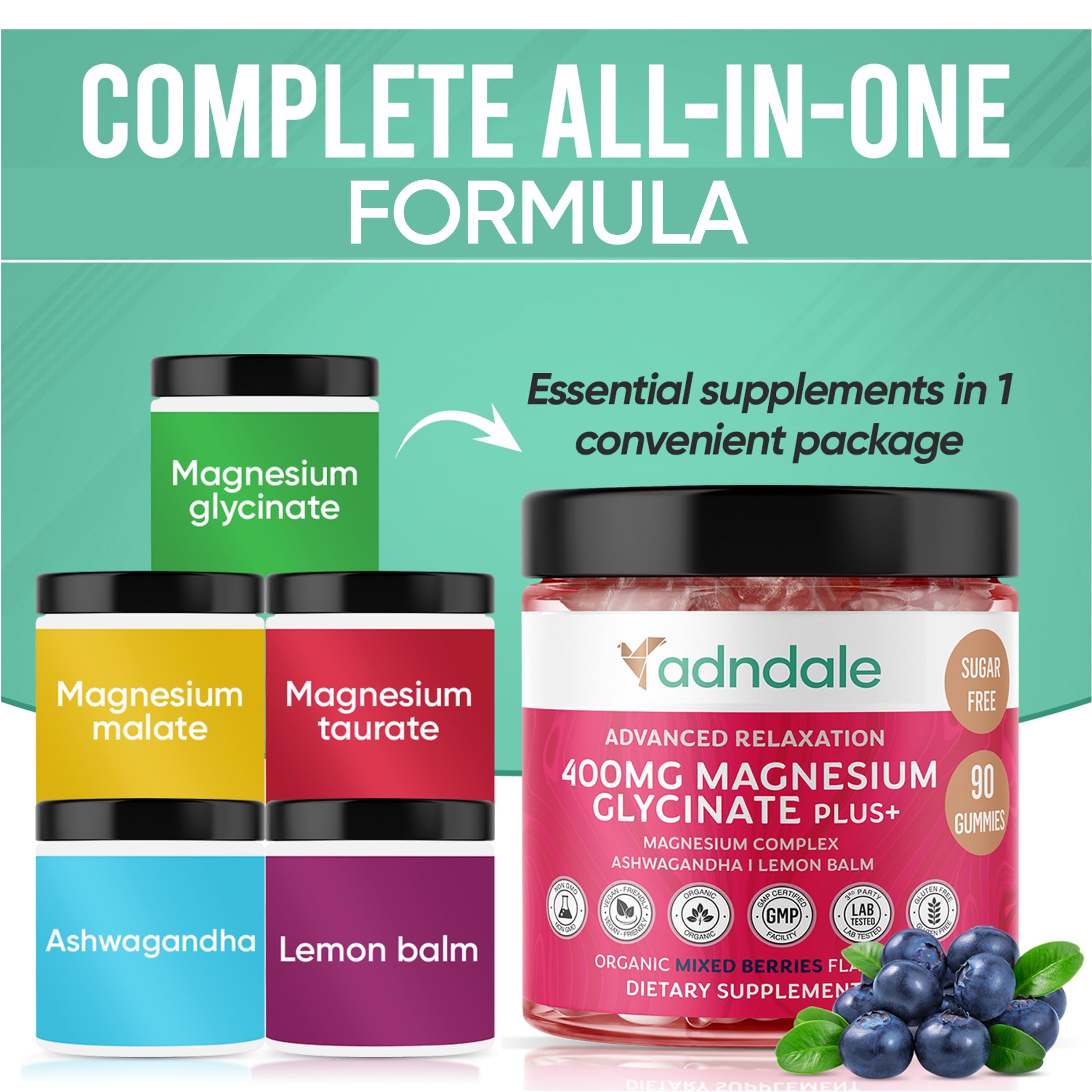 Adndale 90 CT Magnesium Glycinate 400 mg Gummies with Ashwagandha, Magnesium Malate & Taurate, Sugar Free Magnesium Gummies for Adults & Kids. Adndale buy australia supplements
