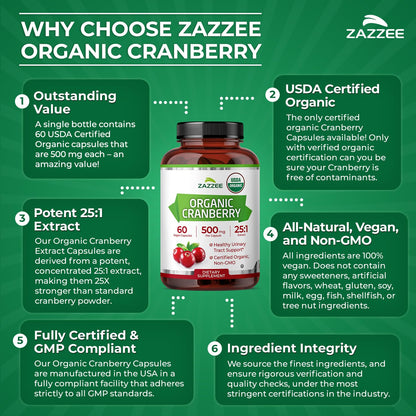 Zazzee USDA Organic Cranberry 25:1 Extract, 500mg per Capsule, 100 Capsules | Vegan, 3+ Month Supply, Certified Kosher, Vaccinium Macrocarpon, Non-GMO, Made in the USA Gsupps Australia