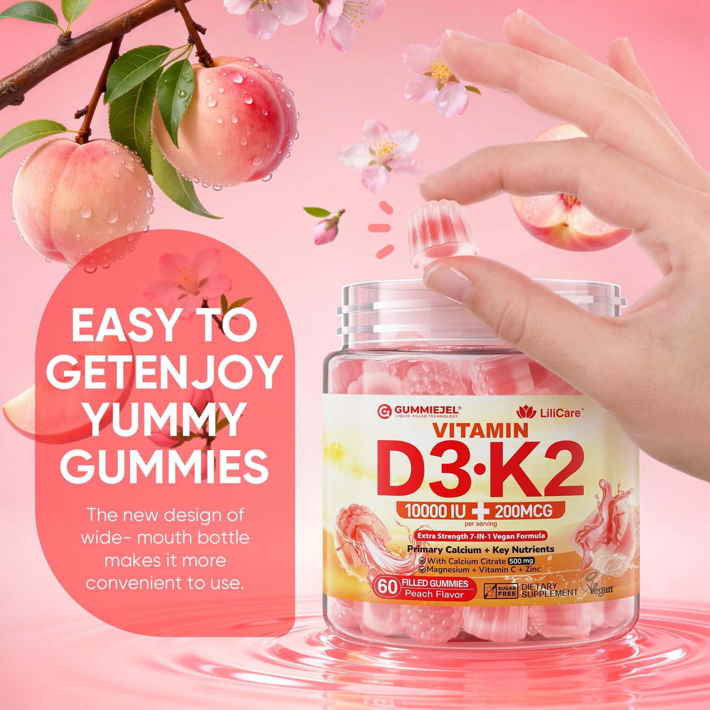 Vitamin D3 K2 Gummies 5000IU / 10,000 IU with 500mg Calcium + K2(MK-7) 200mcg, Magnesium, Vitamin C & Zinc, Extra Strength - Ultimate Absorbency for Bones LILICARE