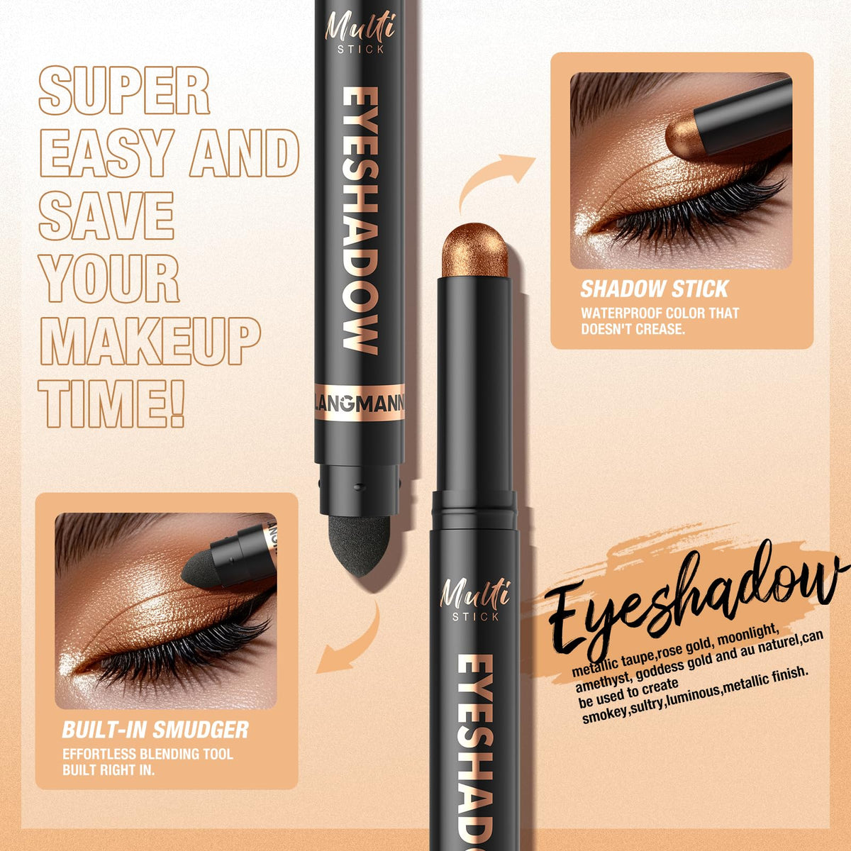 LANGMANNI 8 Color Waterproof Dual-Ended Eyeshadow Stick Set, Eye Makeup #A LANGMANNI