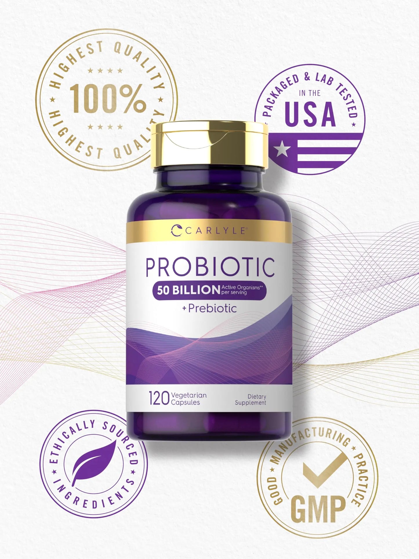 Carlyle Probiotics with Prebiotics | 120 Capsules | 50 Billion Active Organisms | Non-GMO & Gluten Free Supplement Carlyle