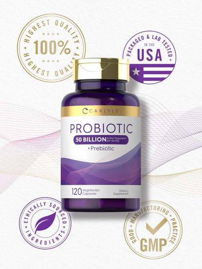 Carlyle Probiotics with Prebiotics | 120 Capsules | 50 Billion Active Organisms | Non-GMO & Gluten Free Supplement Carlyle