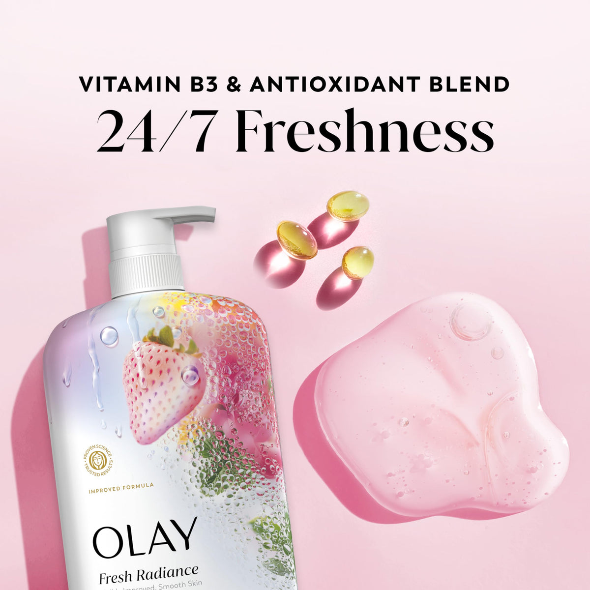 Olay Body Wash for Women, Fresh Radiance, 24/7 Skin-Loving Freshness, Visibly Radiant, Plant Based Cleansers, Vitamin B3 & Antioxidant Blend, For All Skin Types, Strawberry & Mint Scent, 29 fl oz Olay