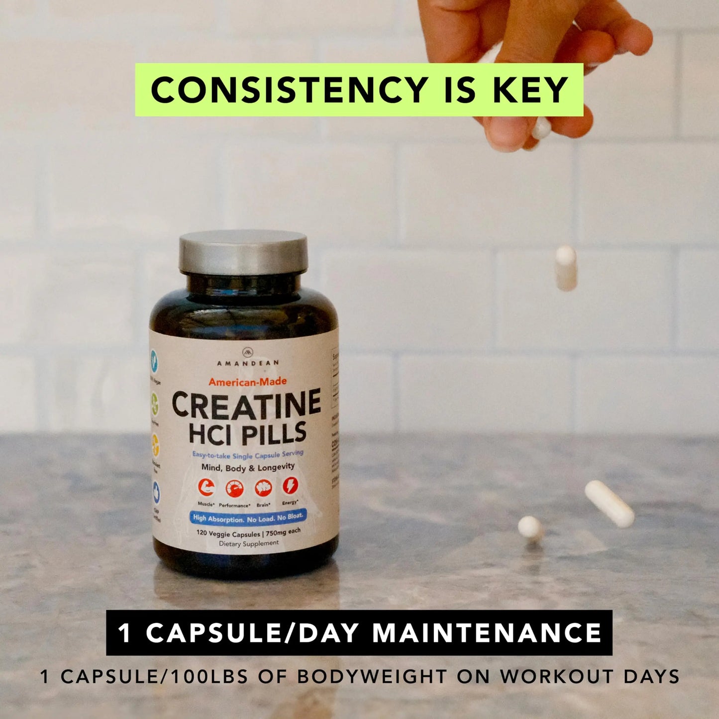 AMANDEAN Creatine HCl Pills. American Made CON-CRET. 120 Capsules. 7X Concentrated. No Bloat. Muscle, Energy, Cognitive, Recovery Support for Men & Women. Gluten Free, Non-GMO. AMANDEAN
