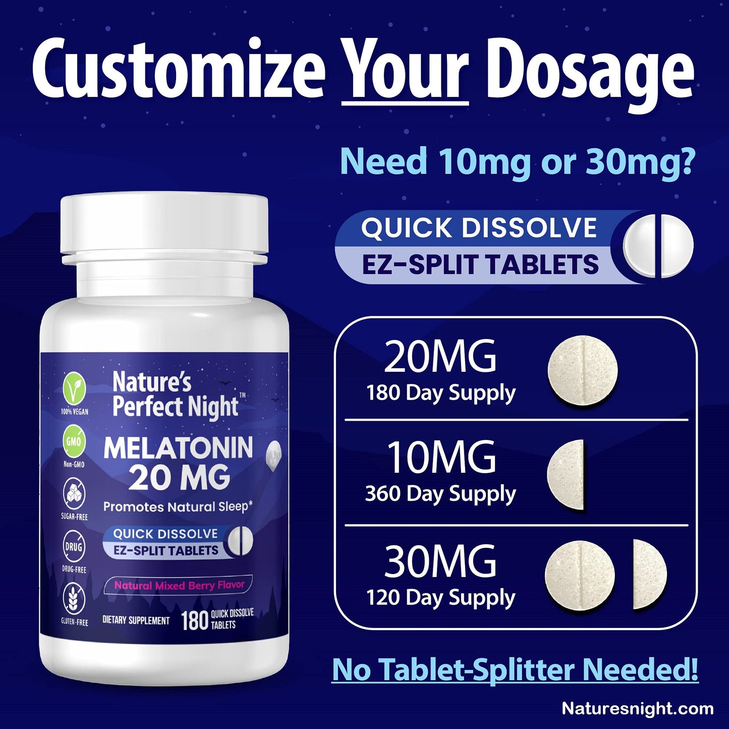 Nature's Perfect Night | Melatonin 20mg | 180 Quick Dissolve Tablets | Natural Mixed Berry Flavor |High Potency | Sugar Free Nature's Perfect Night