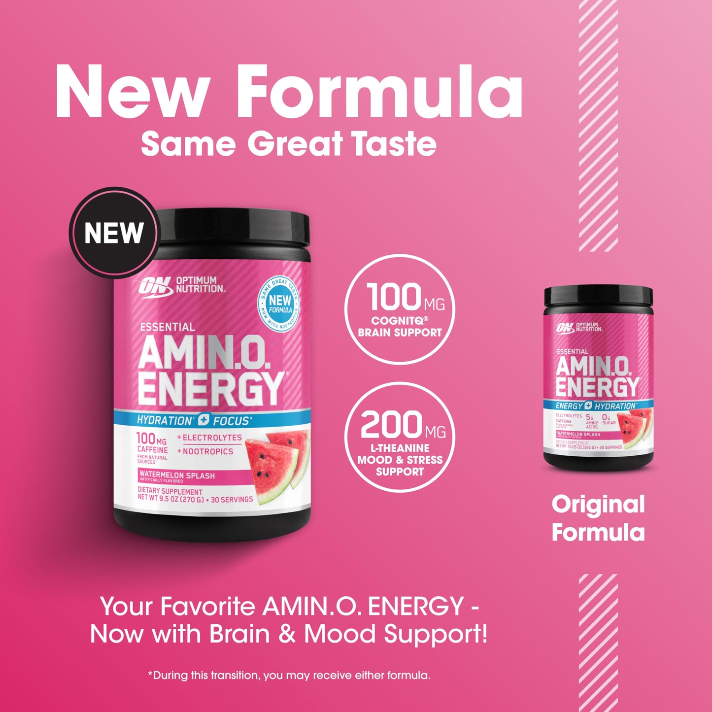 Optimum Nutrition Amino Energy Powder Plus Focus, with BCAA, Electrolytes, and Caffeine, Watermelon, 30 Servings (Packaging May Vary) Optimum Nutrition