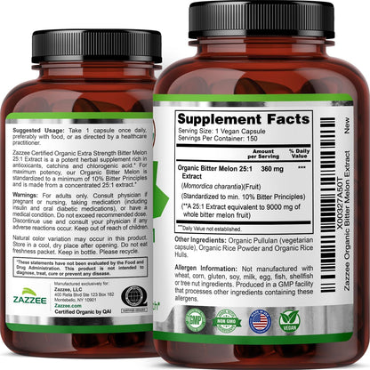 Zazzee USDA Organic Bitter Melon 25:1 Extract, 10% Bitter Principles, Vegan | 150 Capsules, 5 Month Supply, Extra Strength, Momordica Charantia, Antioxidant & Metabolic Support, Non-GMO, Made in the USA Gsupps Australia