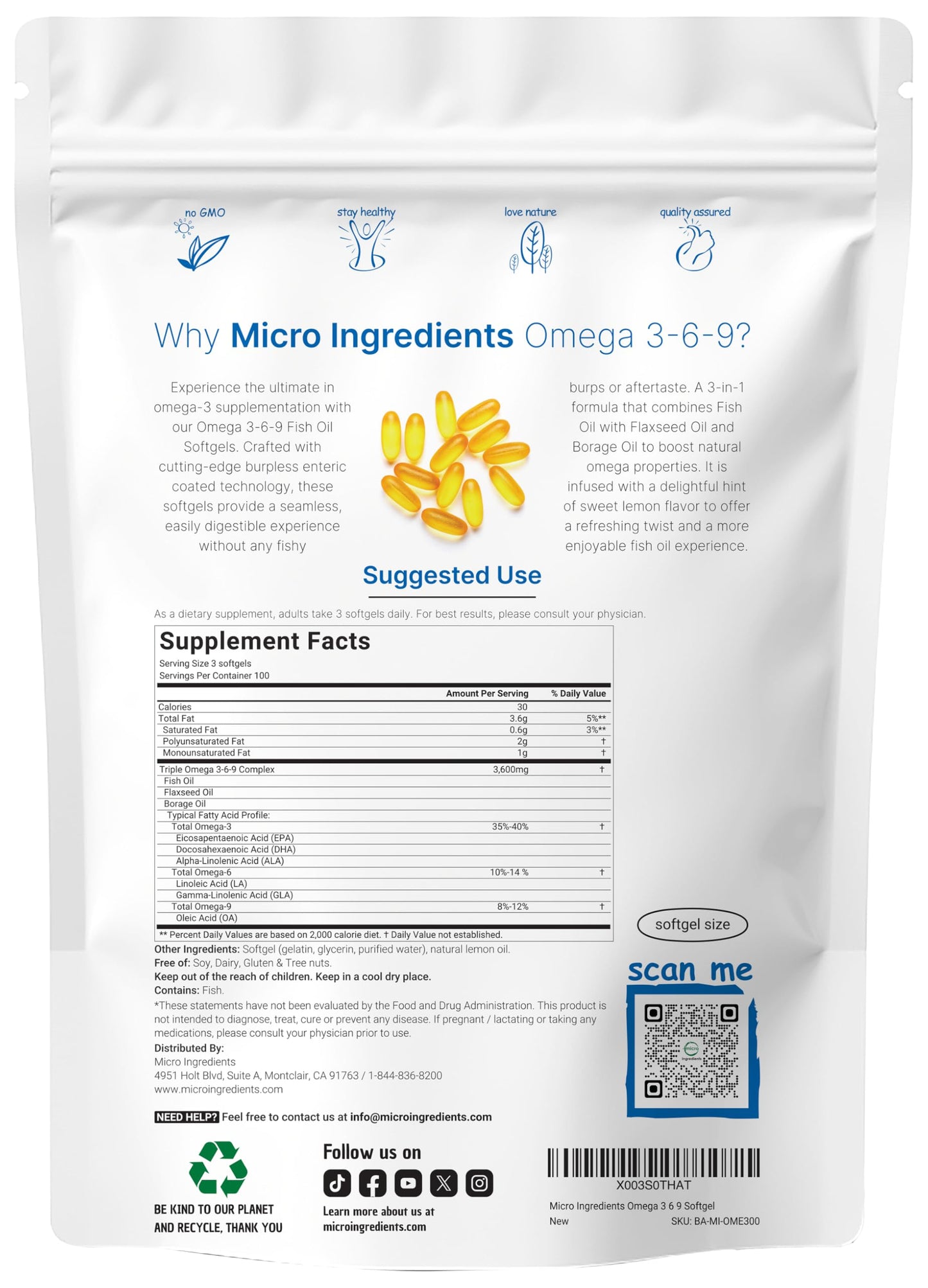 Ultra Omega 3-6-9 3600mg Per Serving, 300 Burpless Softgels | Lemon Flavor – Blend of Fish, Flaxseed, Borage Oils | Bioavailable Source Micro Ingredients