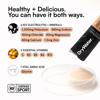 DryWater Electrolyte Powder Packets, Peach Mango - Hydration Packets Drink Mix with Zero Added Sugar for Rehydration & Energy - 6 Key Electrolytes DryWater
