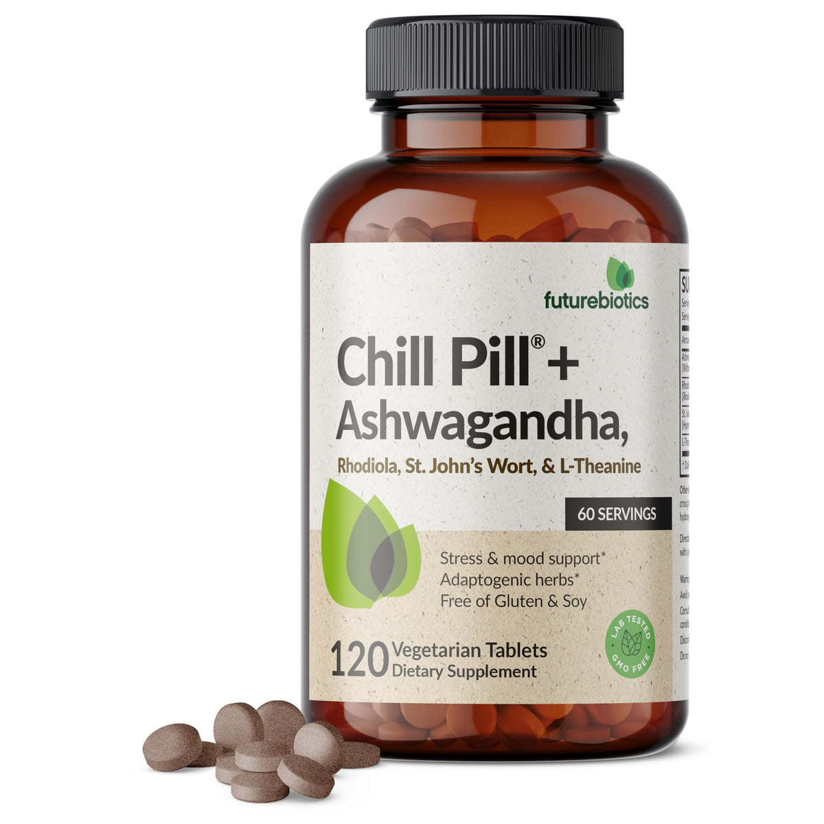 Futurebiotics Chill Pill + Ashwagandha, Rhodiola, St. John’s Wort, & L-Theanine - Non-GMO, 120 Vegetarian Tablets Futurebiotics