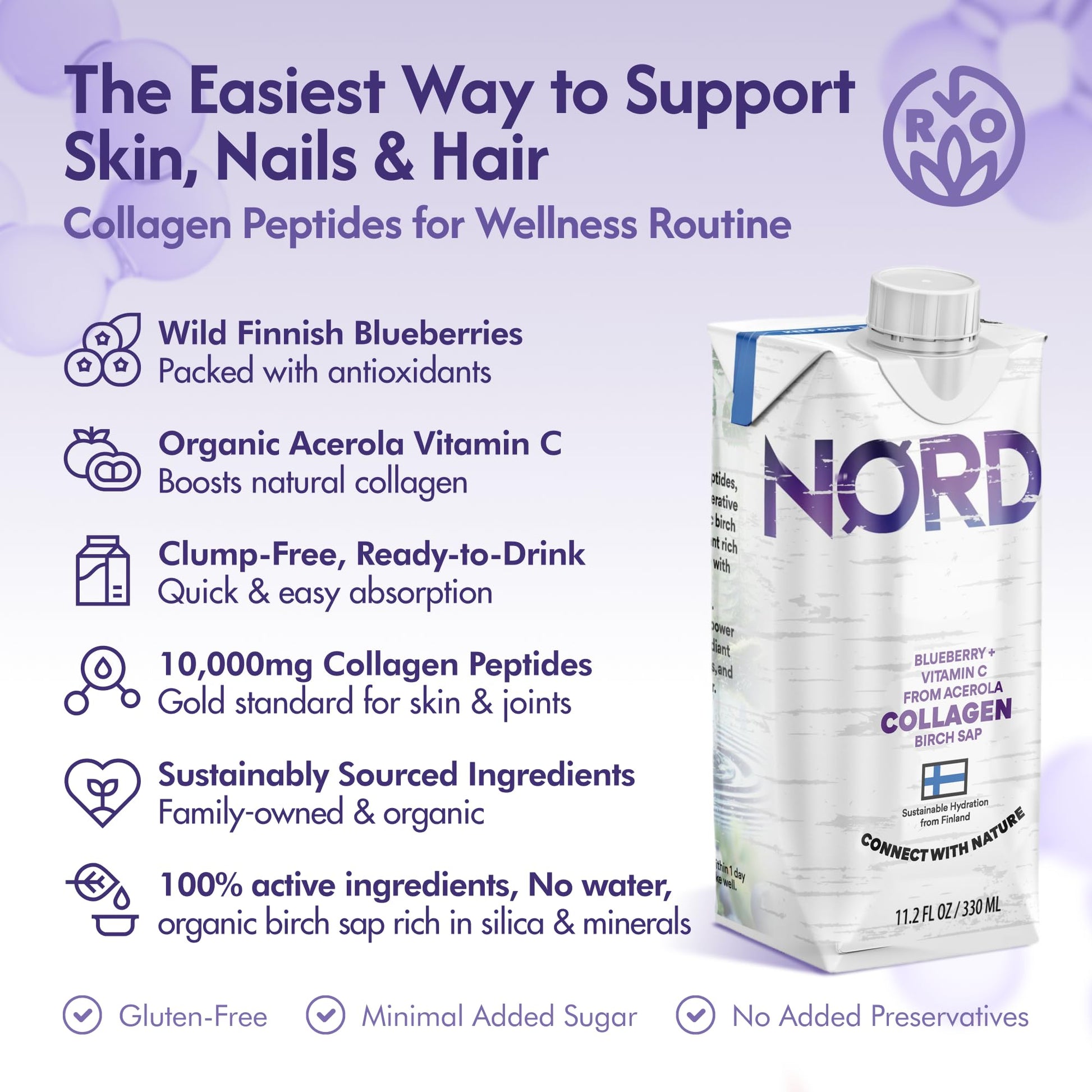 Nordic Liquid Collagen Peptide Drink, Organic Birch Sap, Wild blueberry + Vitamin C, Made in Finland - 10g Clinically Studied Grass Fed Collagen Peptides for Skin Hair Nails & Joint Support, with Silica, BPA-Free Beverage (12 Pack) Nordic Tree Water buy australia supplements