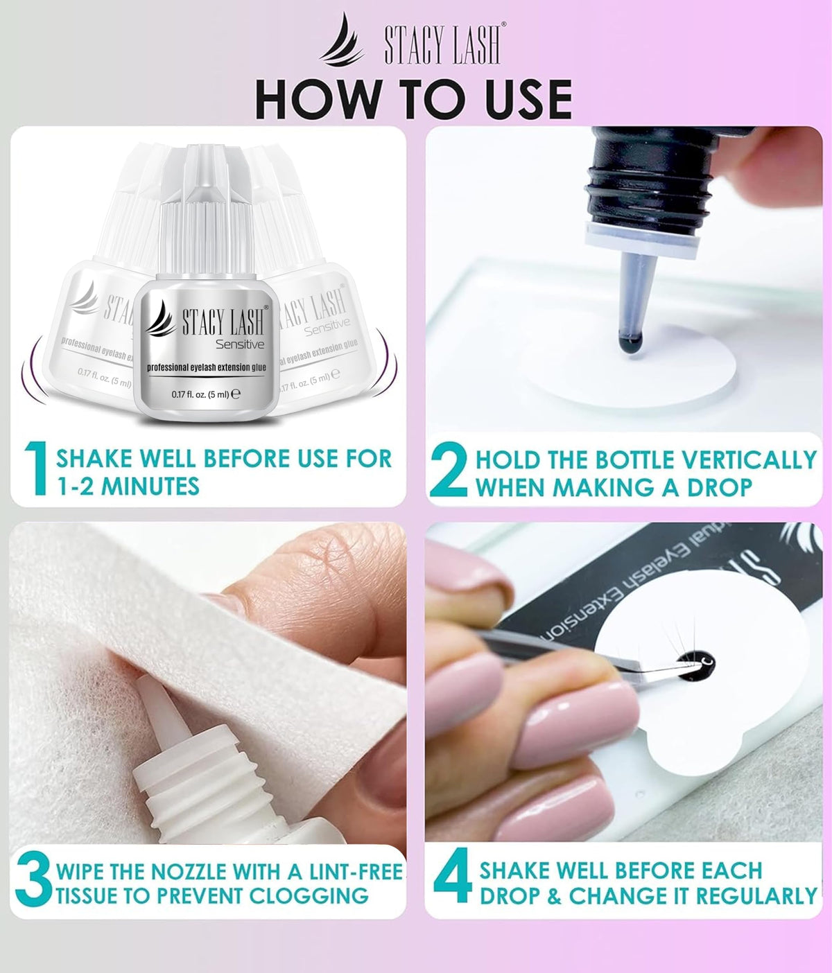 STACY LASH Sensitive Eyelash Extension Glue 0.17fl.oz/5ml / 5-6 Sec Drying time/Retention – 4-5 Weeks/Black Adhesive/Lash Tech Supplies STACY LASH