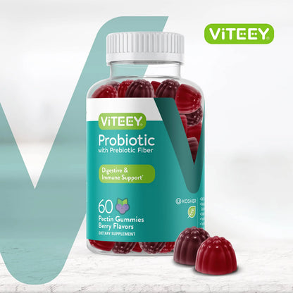 Viteey Probiotic Gummies with Prebiotics – Gut Health Supplements for Digestive Health – 2 Billion CFUs – Vegan, Gluten-Free – 60 Count Viteey