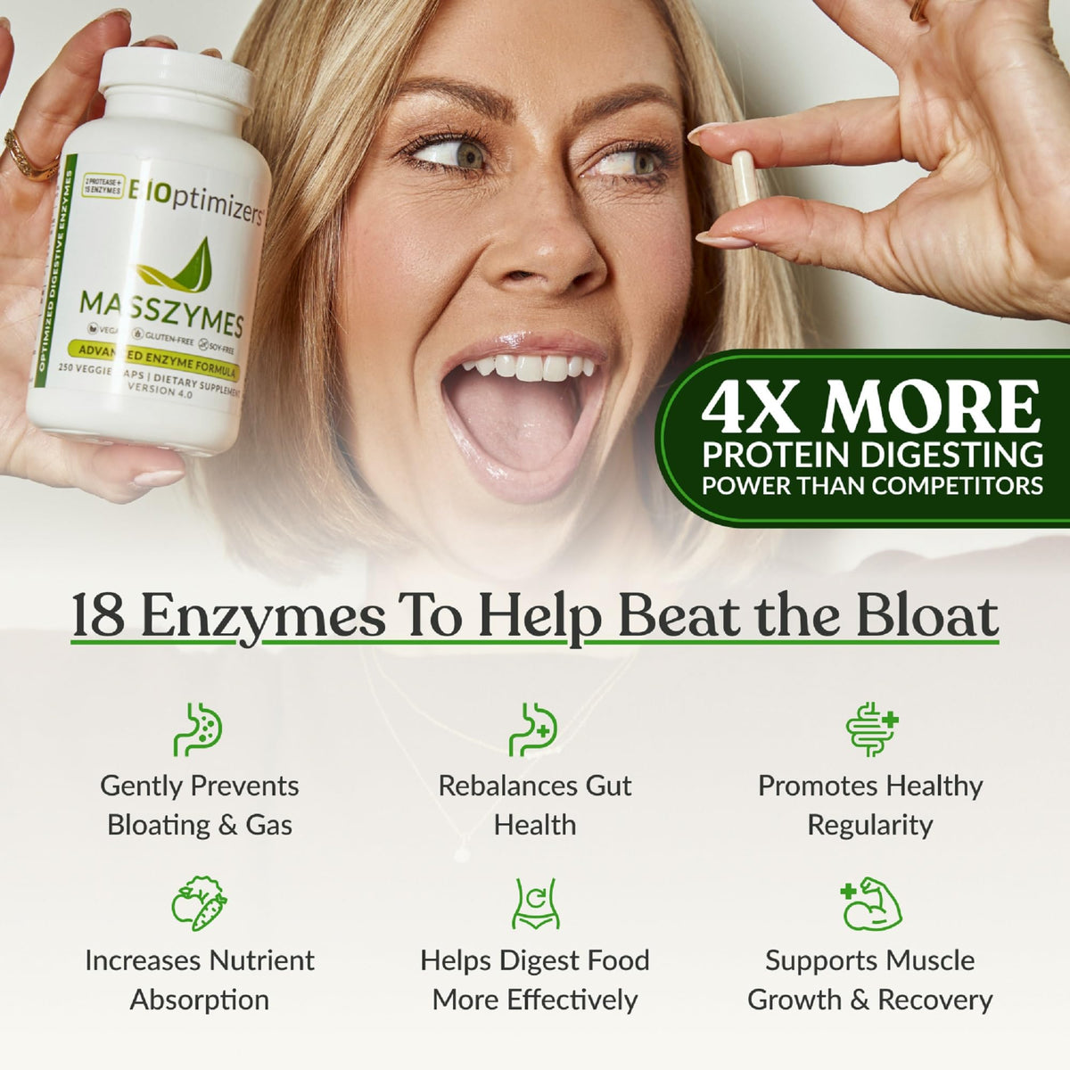 BiOptimizers MassZymes - Complete Digestive Enzymes Supplement for Gut Health - Bloating Relief for Men and Women - Lipase Amylase Bromelain BIOptimizers