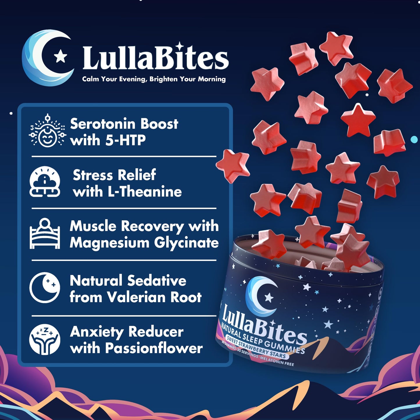 LullaBites - Natural Sleep Gummies - Made in USA - With 5-HTP, L-Theanine, Magnesium & Valerian Root - Melatonin Free - Vegan - Halal - Sugar, Gluten Free - Sweet Strawberry LullaBites