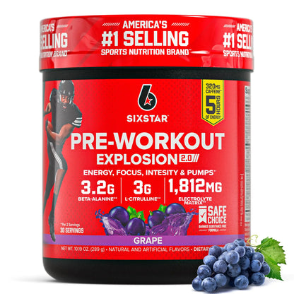 Six Star Pre-Workout Explosion, Grape (30 Servings) - Preworkout Energy Powder Supplement for Men & Women - Workout Drink Mix with L-Tyrosine & Beta Alanine Six Star