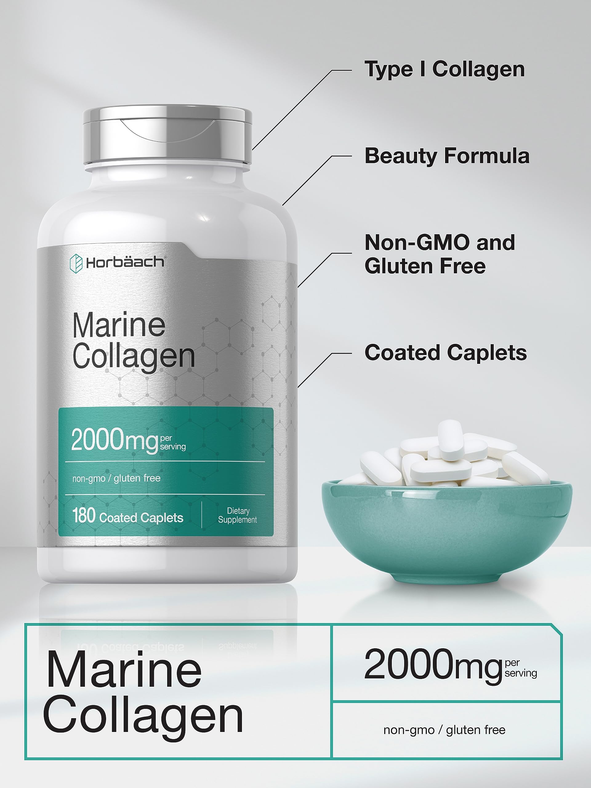 Horbäach Marine Collagen Peptides 2000mg | 180 Caplet Capsules | Type 1 with Calcium | Non-GMO, Gluten Free Supplement Horbäach buy australia supplements