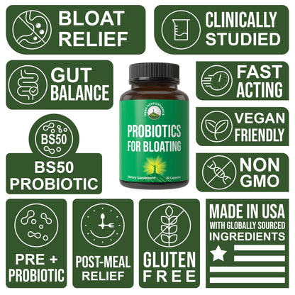 Bloat and Gas Probiotic - Proven Relief with Clinically Studied Bacillus Subtilis BS50 + Prebiotic Fiber - Fast Acting Anti Bloating Pills Supplement Peak Performance