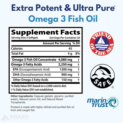 Arazo Nutrition Wild Caught Omega-3 Fish Oil Concentrate – 4,080mg per Serving – High EPA 1200mg & DHA 900mg – 120 Burpless Lemon Softgels Gsupps Australia