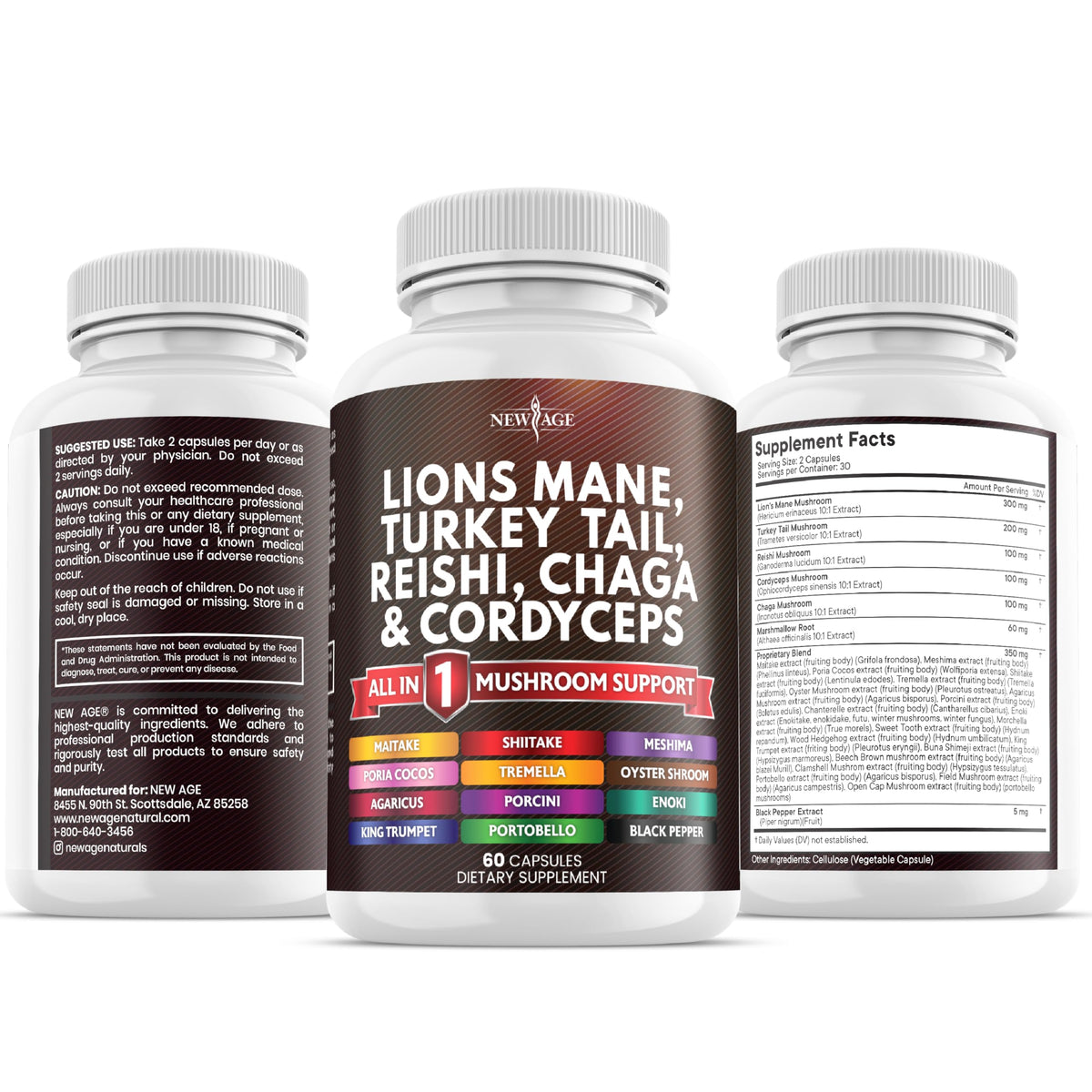 NEW AGE Lions Mane Mushroom Supplement with Turkey Tail Reishi Cordyceps Chaga with Marshmallow Root - 120 Count NEW AGE
