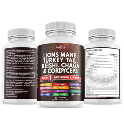 NEW AGE Lions Mane Mushroom Supplement with Turkey Tail Reishi Cordyceps Chaga with Marshmallow Root - 120 Count NEW AGE
